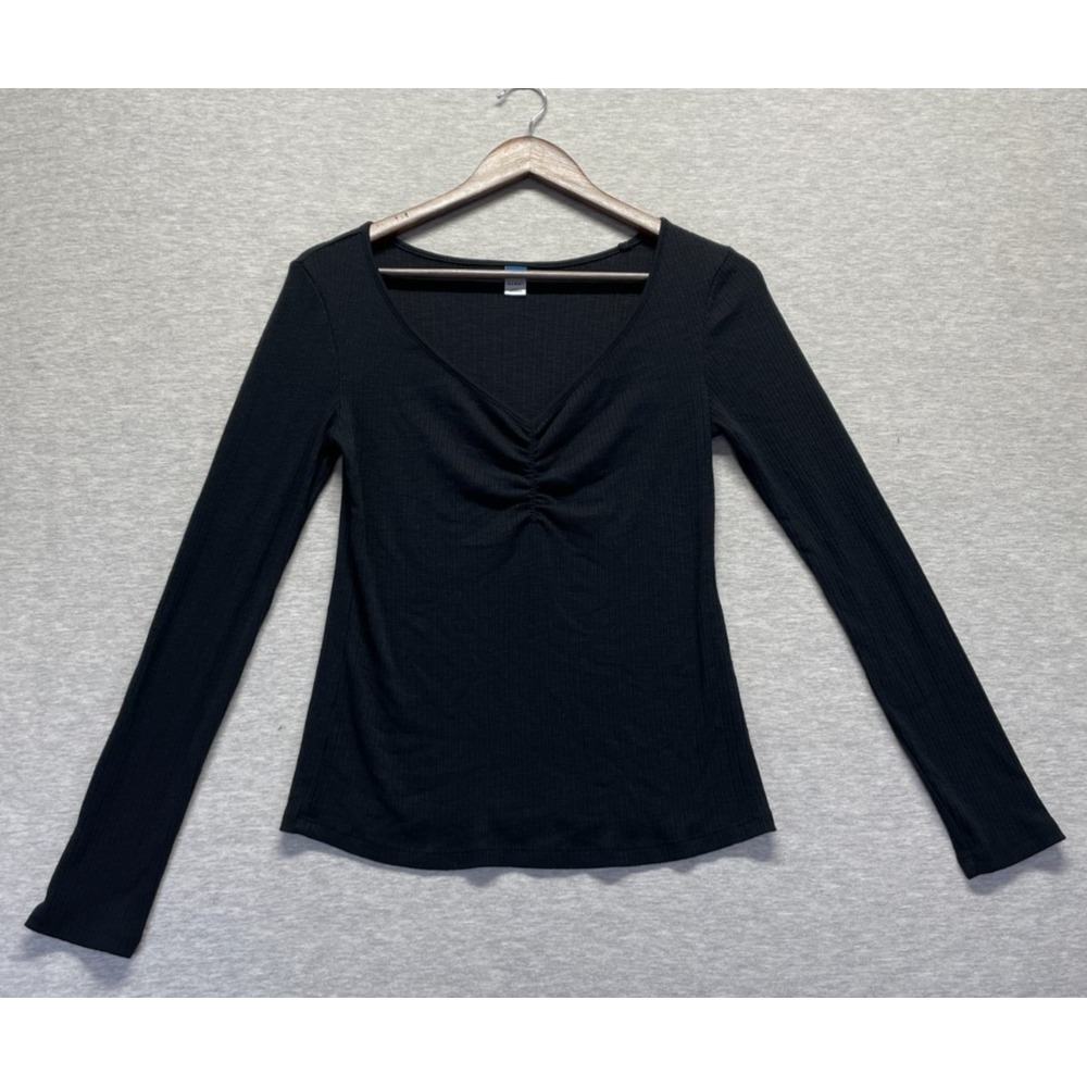 Old Navy Ribbed Knit Shirt Top Womens Medium Black Long Sleeve V-Cinched Front